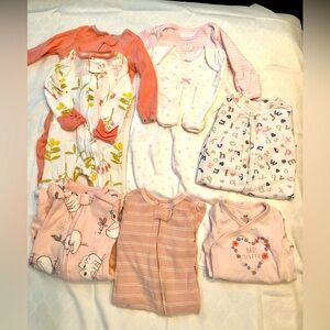 Lot of 8/ 0-3 months old baby girl onesies pajamas sleepwear warm cuddle cute